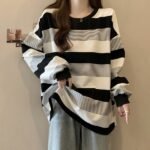 Women's vintage striped sweatshirt, autumn loose slim-fit top for students